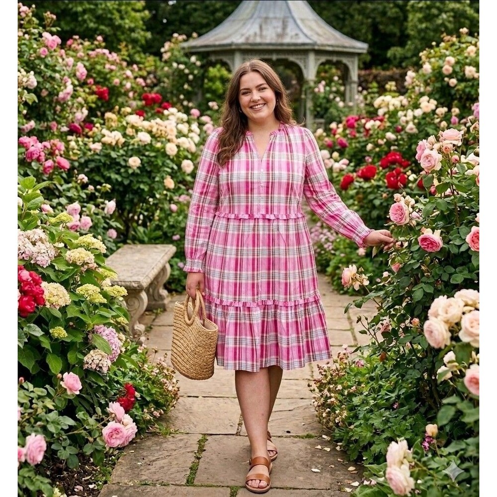 J. Crew Factory Dress NWOT Pink Plaid Ruffle Trim Tiered Shift Sz 16